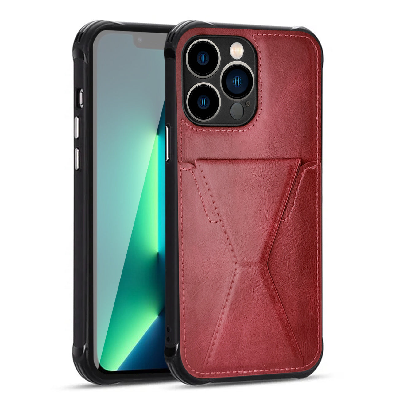 TPU Leather Phone Case for Apple iPhone 13 PRO with Card Holder Strap In Red